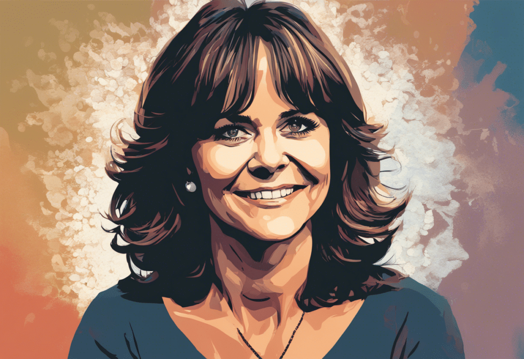Sally Field illustrated biography, colorful background portrait