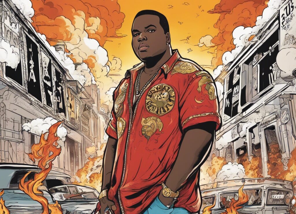 Sean Kingston's music album cover, wearing red jacket, burning city in the background 