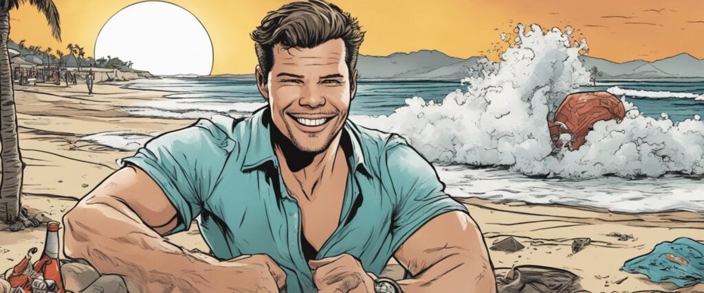 Theo Von on a beach having fun, portrait