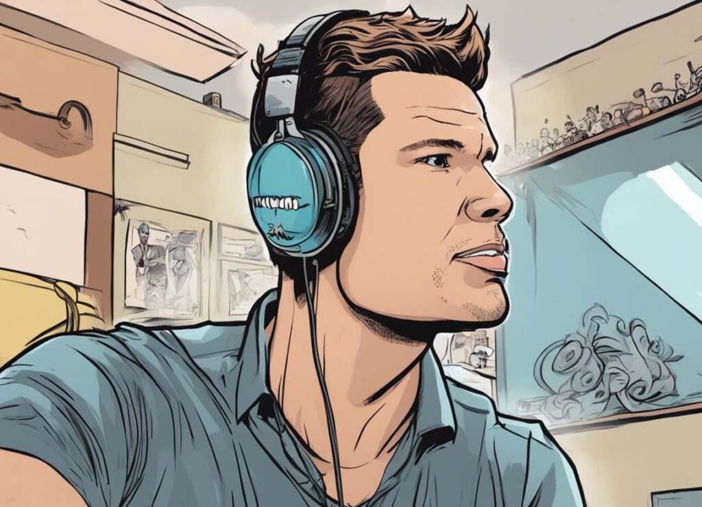 Theo Von on a podcast, wearing big headphones