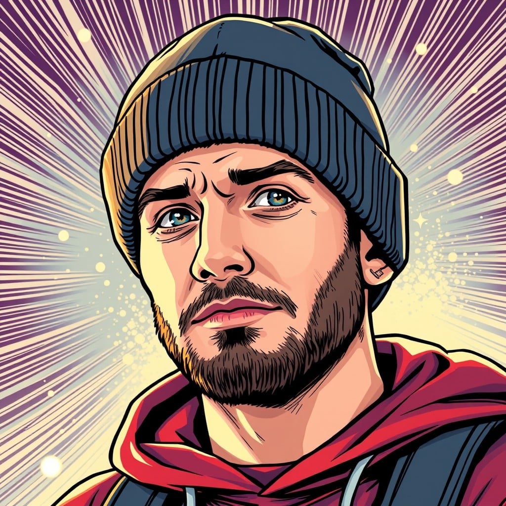 Tim Pool's portrait, shiny background, wearing beanie