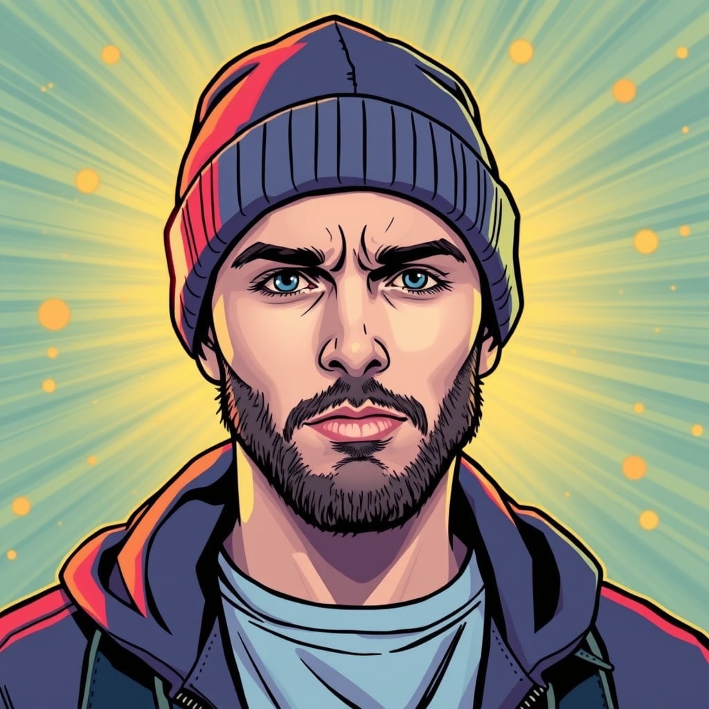 Tim Pool's portrait, shiny background, wearing beanie
