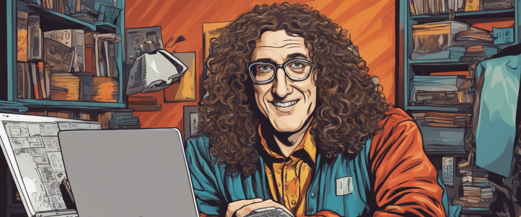 Weird Al on a laptop working