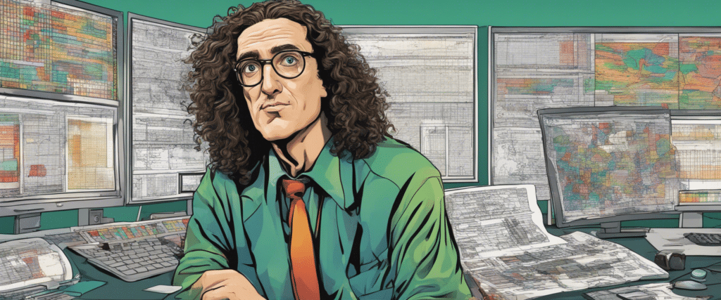 Weird Al going through business analysis, portrait
