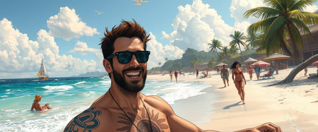 Zack Snyder on a beach having fun