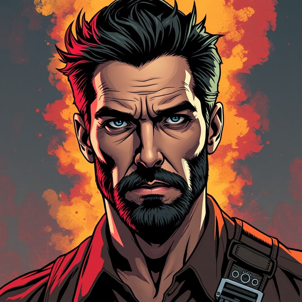 Zack Snyder portrait, fire background