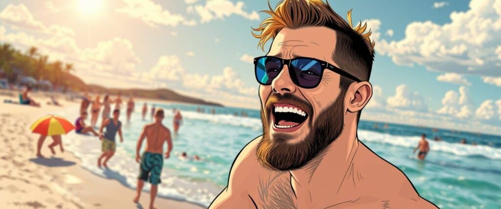Steve Howey on a beach having fun