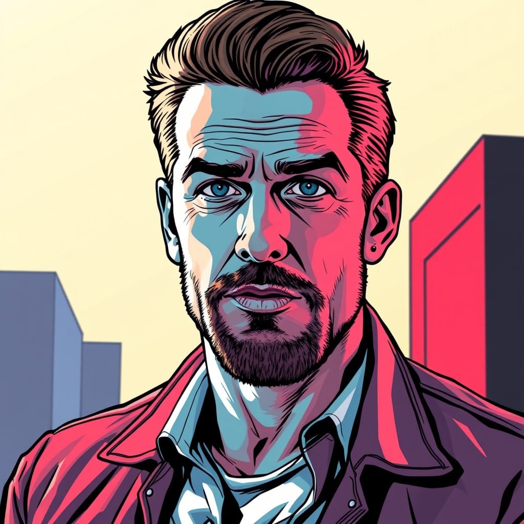 Steve Howey's portrait, blue and red background