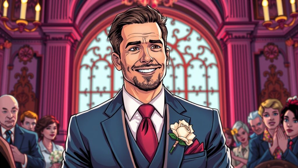 Scott Cawthon in his wedding, wearing his wedding suit