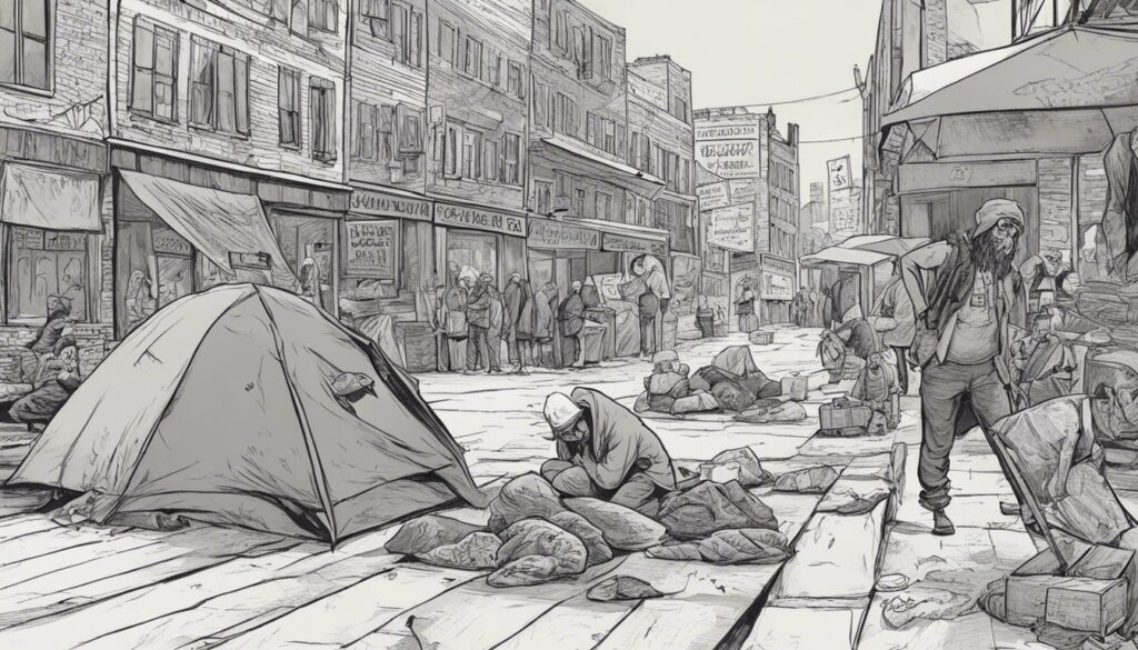 homelessness depicted in single image, streets full on people on the floor, tents in the middle of the streets, crying