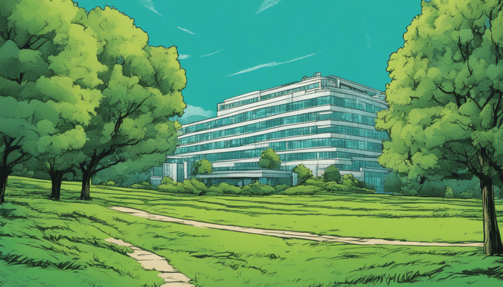 Hospital Building, blue sky, green grass and trees