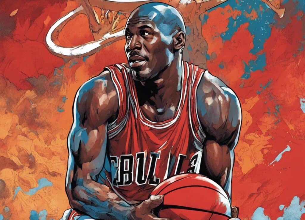 Michael jordan with ball in his hands and wearing bulls jersey