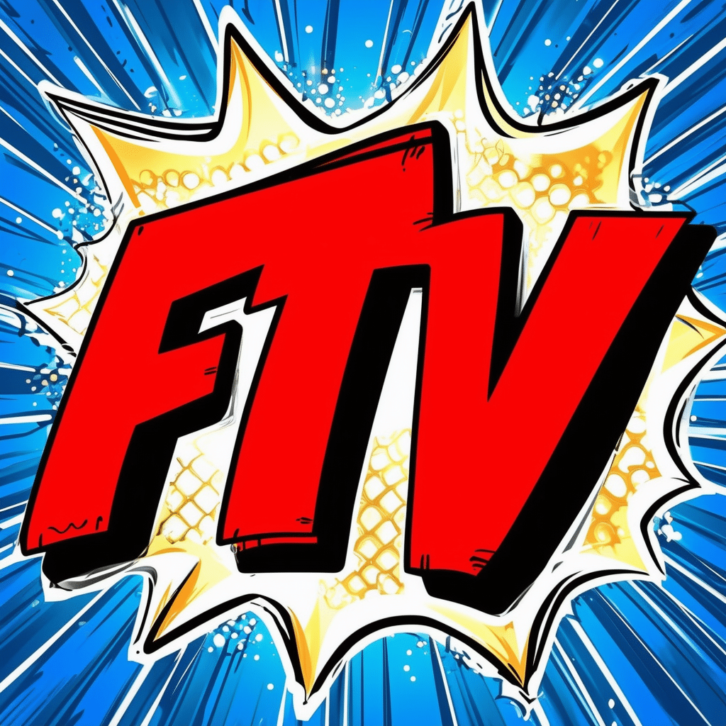 red writing "FTV" with shiny background
