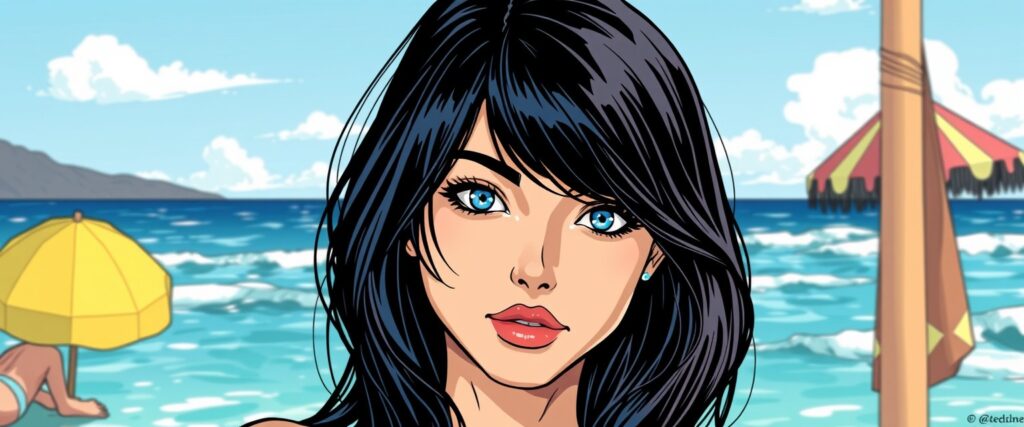 Teal Swan on a beach having fun