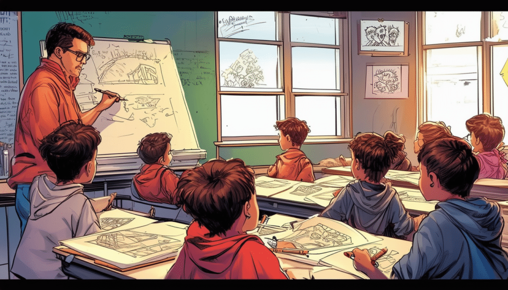 school class, kids in it, teacher teaching class