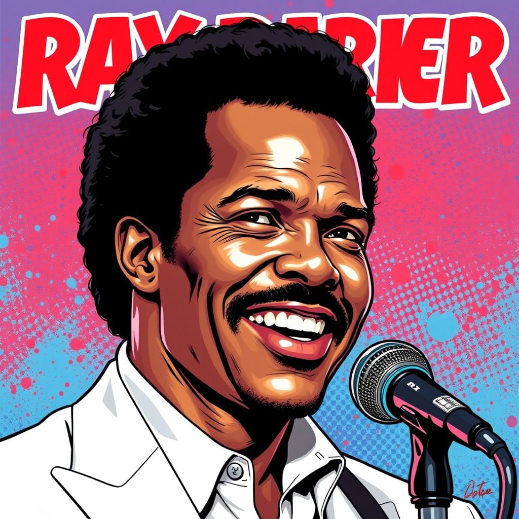 Ray Parker Jr portrait, wearing white clothing, red and cyan background