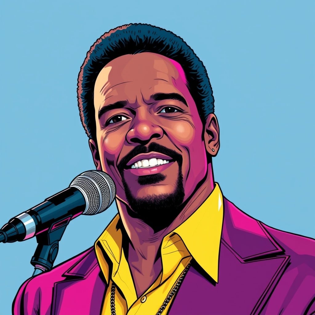 Ray Parker Jr wearing  purple and yellow clothing, blue background