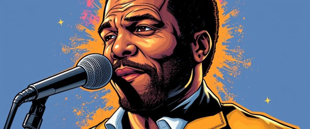 Ray Parker Jr singing, blue background, portrait