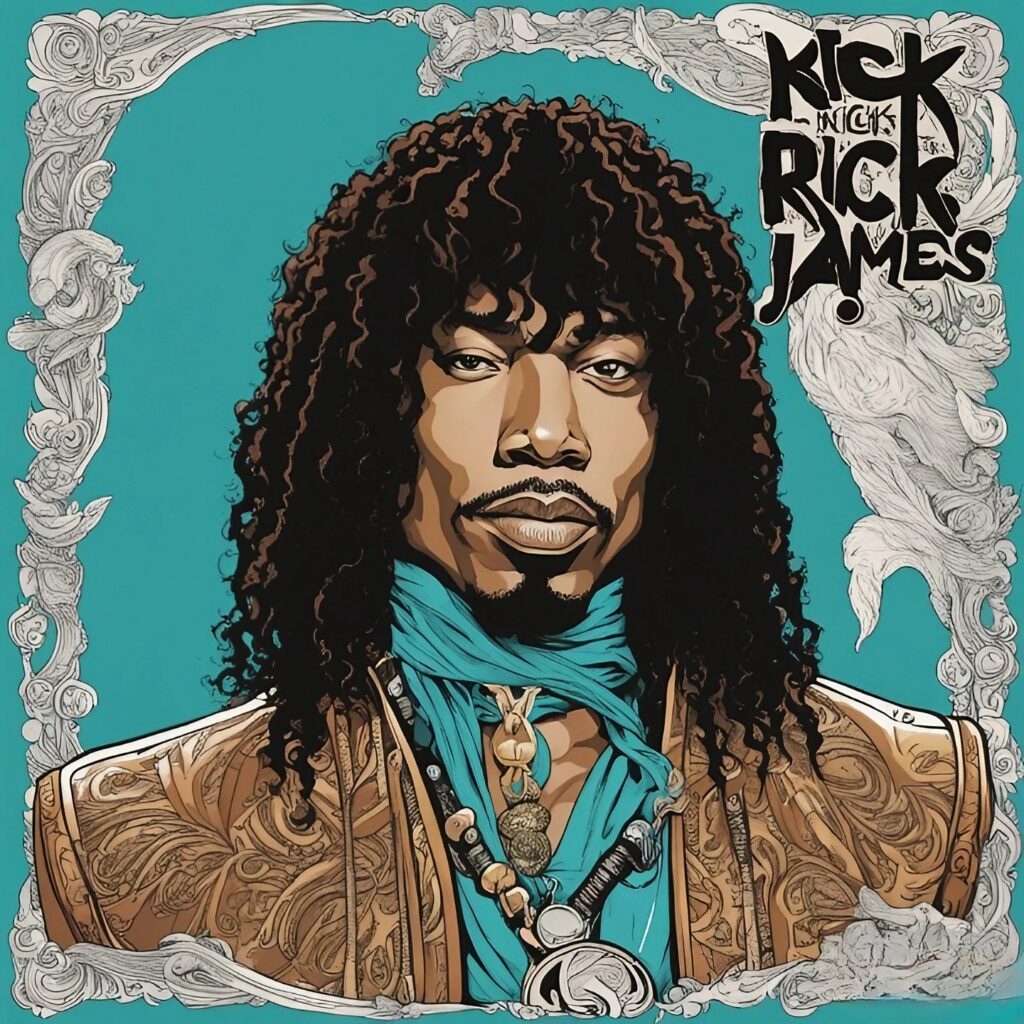 rick james's portrait in cyan and brown