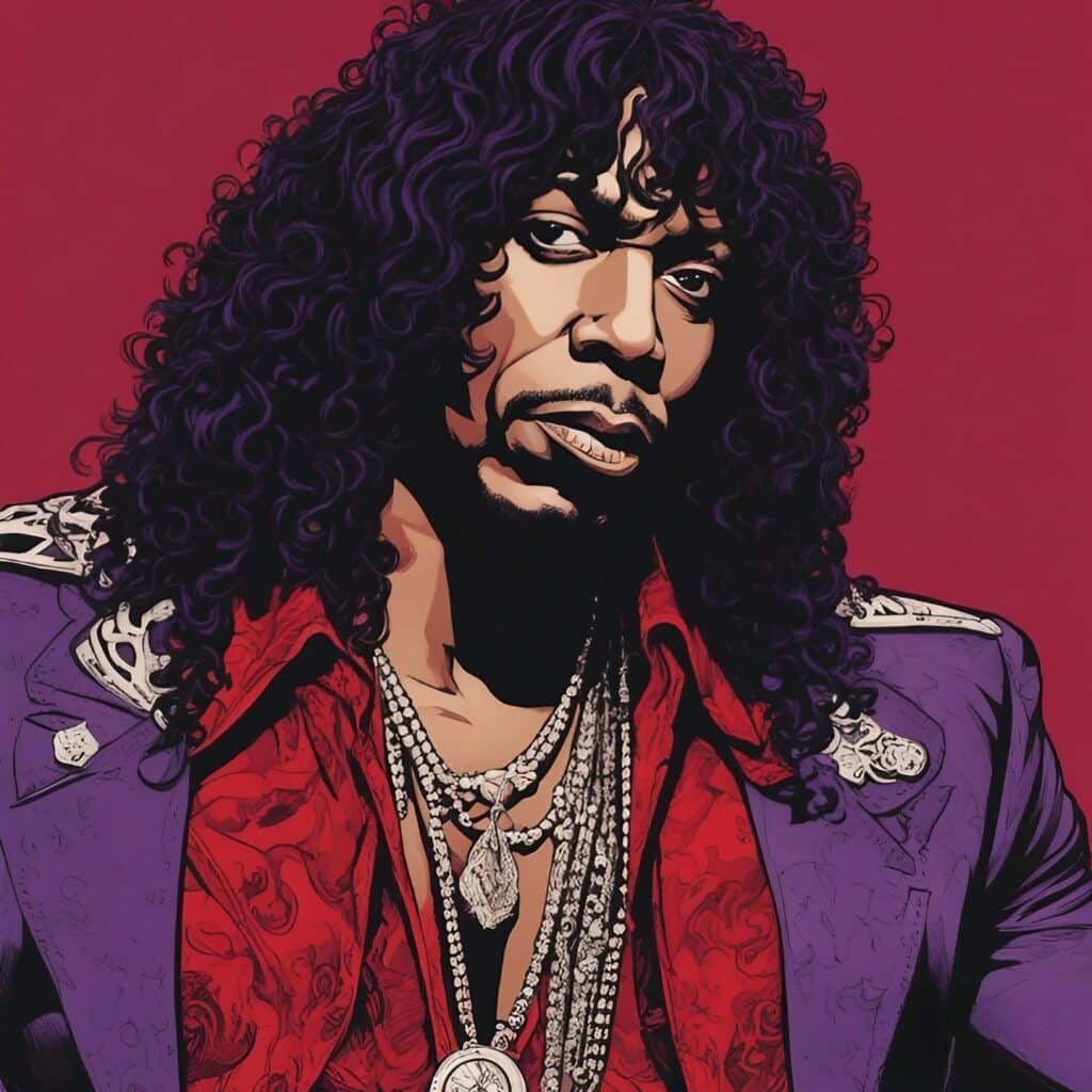 rick james's portrait in purple and red
