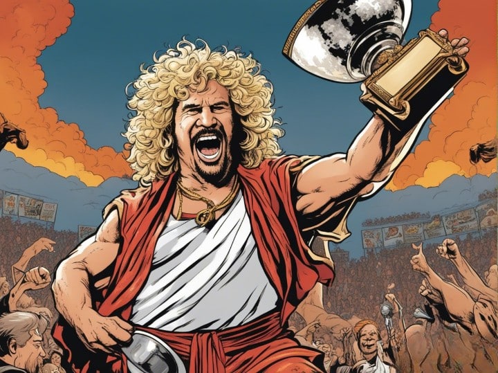 Sammy Hagar winning an award, holding the trophy