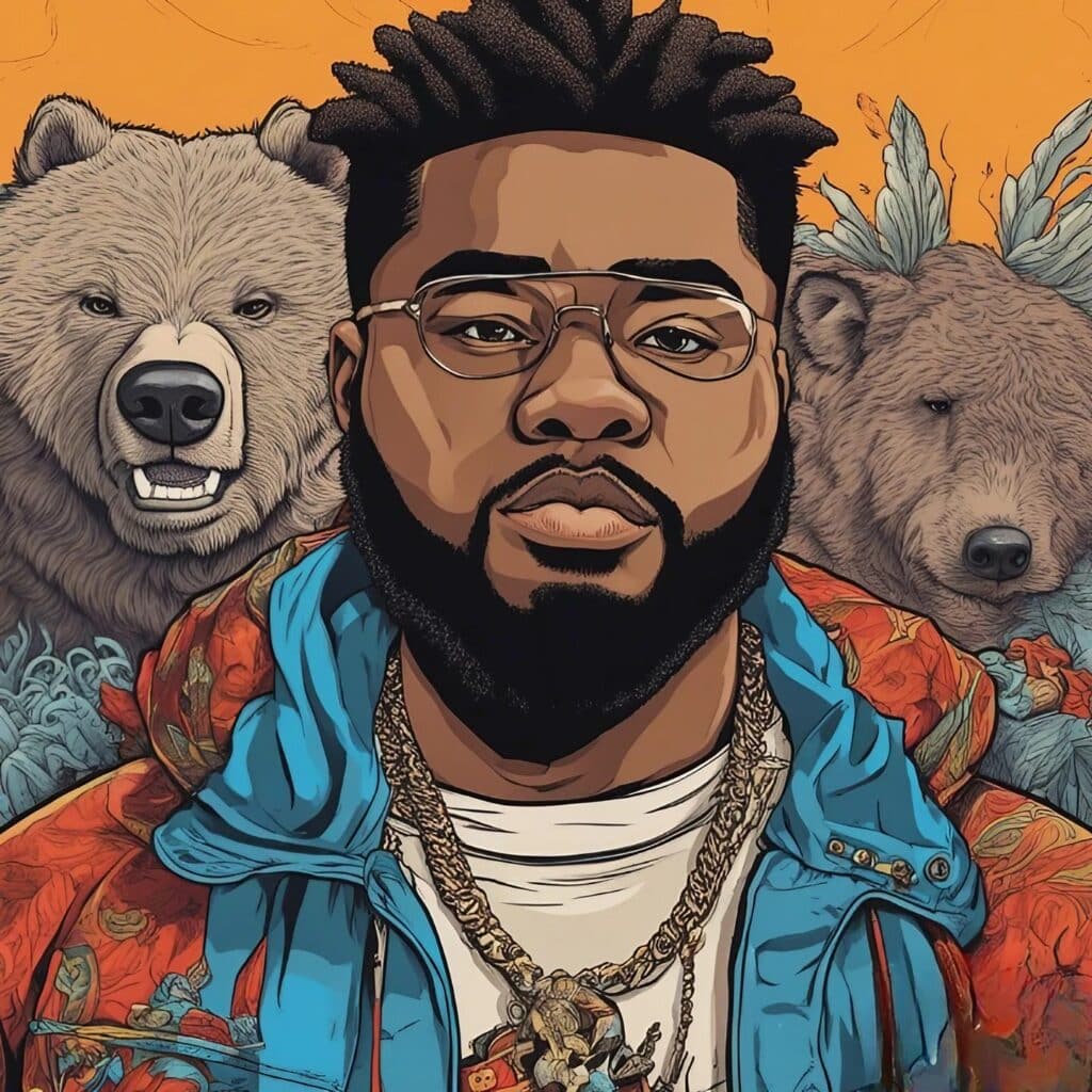 tee grizzly portrait with grizzlies in the background