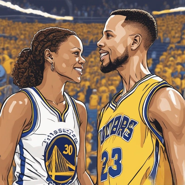 sonay curry wearing golden state warriors jersey playing with steph curry