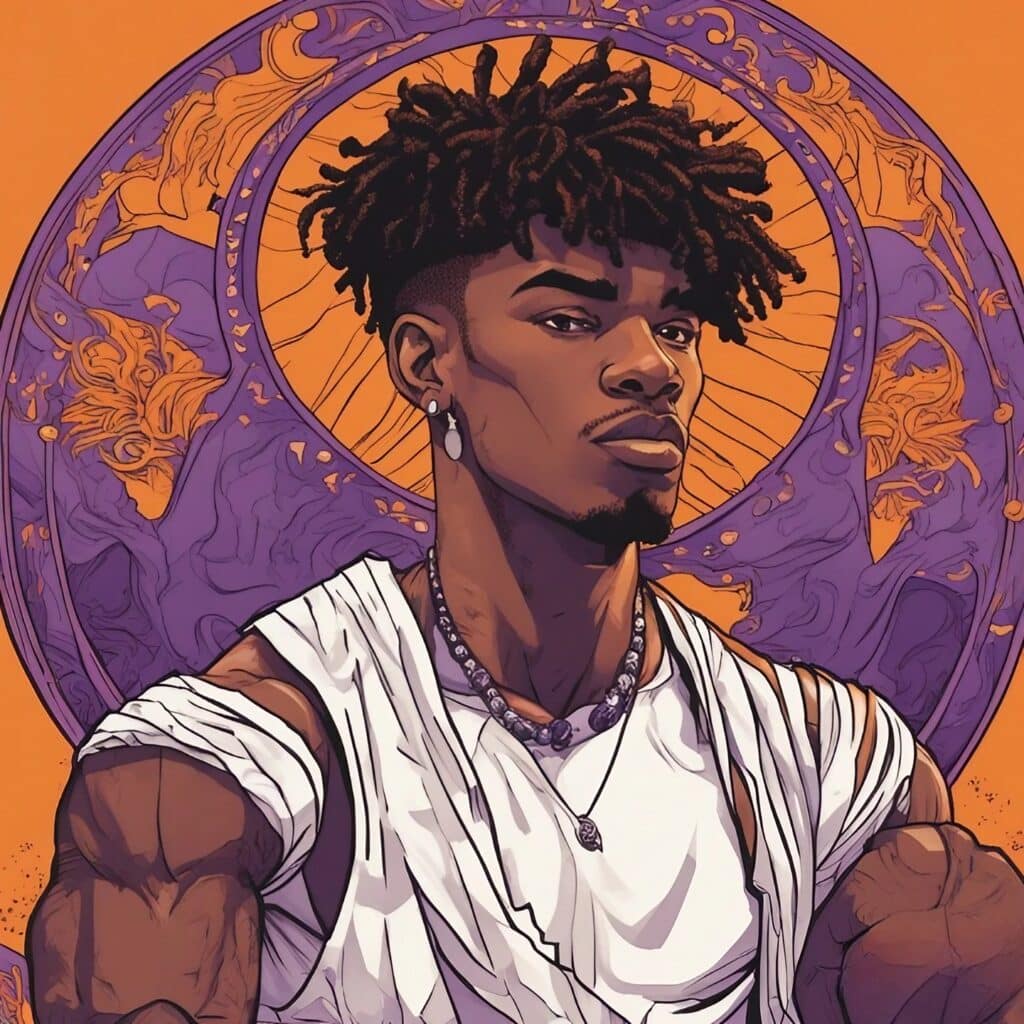 ja wearing white shirt and orange and purple background