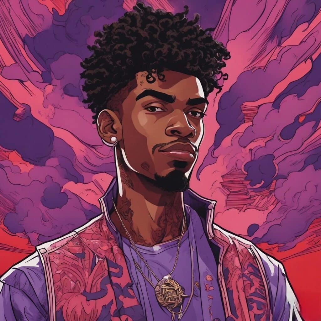 ja's portrait in purple and red