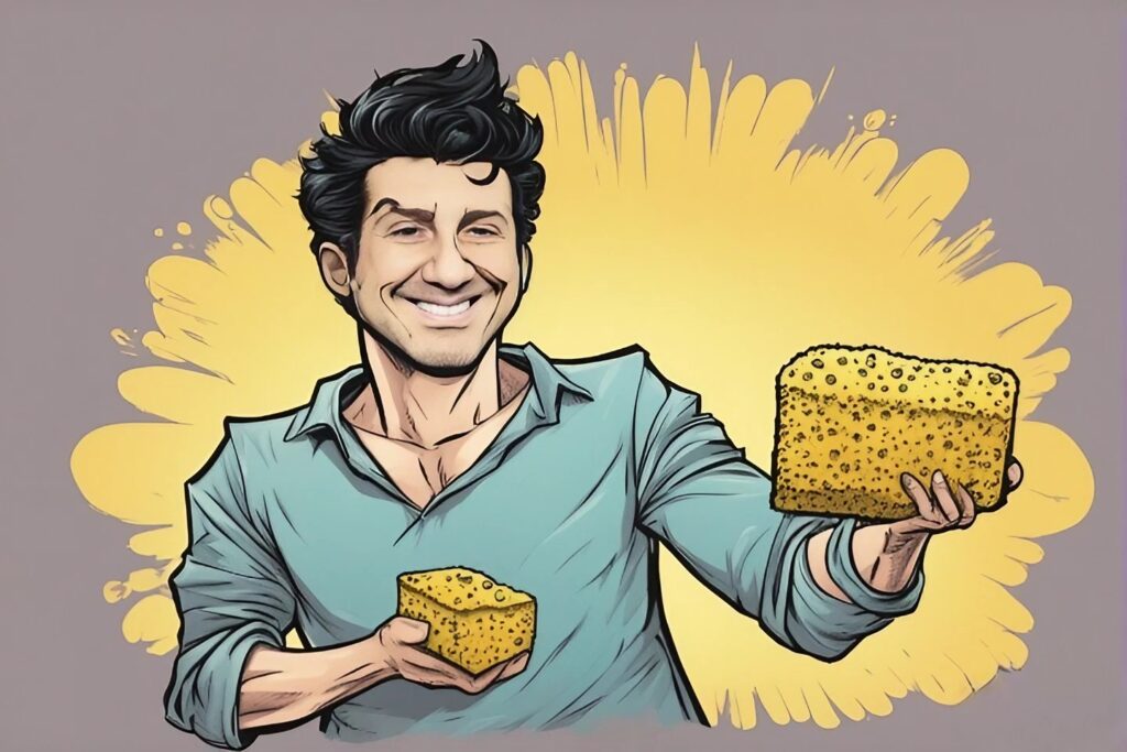 illustrated Aaron Krause's holding sponges in his hands with orange background
