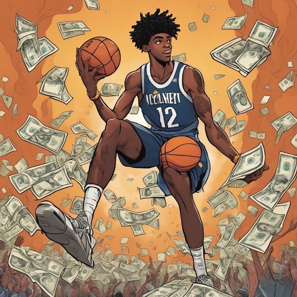 ja in the air with ball in his hand and money falling from the sky