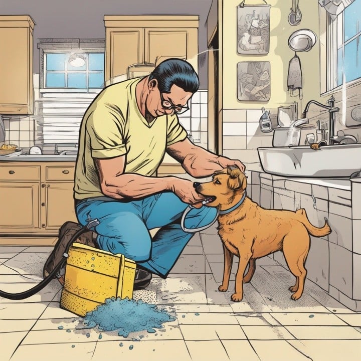 man taking care of his dog with his new invention