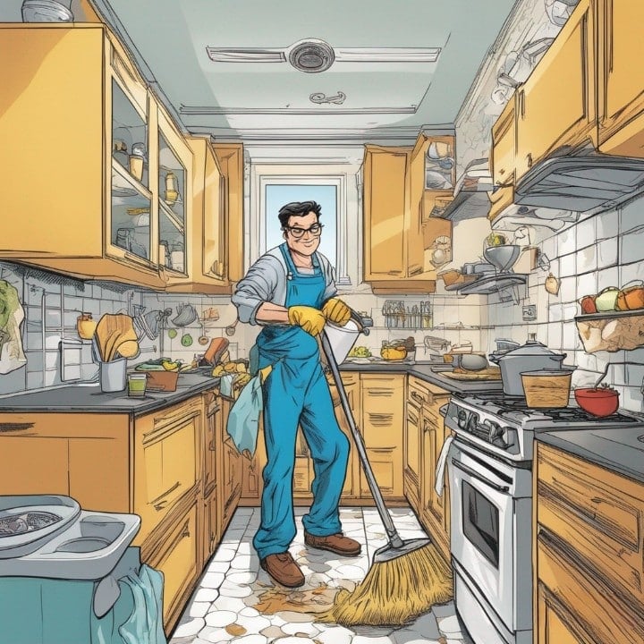 guy in the kitchen cleaning the floor with new tool