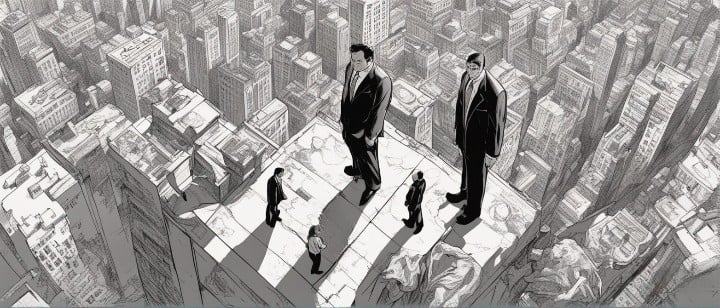 big people in suites looking down upon little businessmen