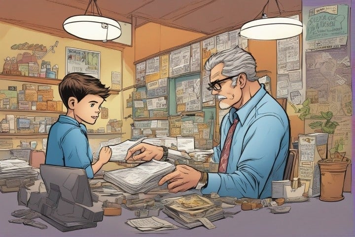 old father in his office holding papers teaching his kid how to run a business
