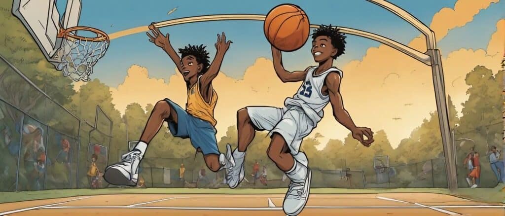 young ja playing basketball in tha outdoor basketball court