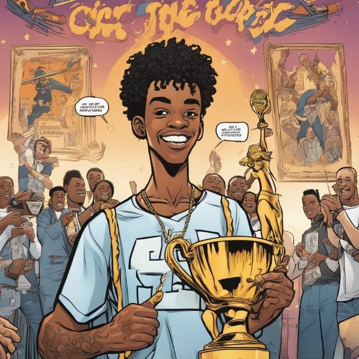 young black man winning a trophy
