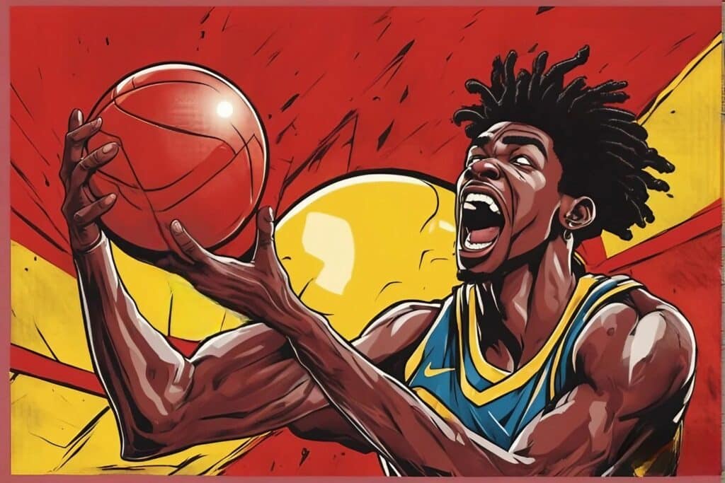 basketball player screaming to the ball, red and yellow background