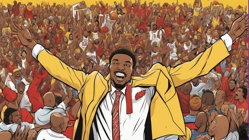 black man in suit having his hands spread with people in the background screaming