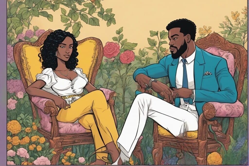 ja morant with kk dixon in the garden sitting ina old fashioned chair