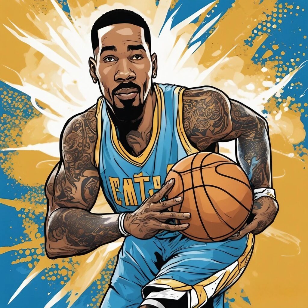 jr smith holding the ball with yellow and blue background
