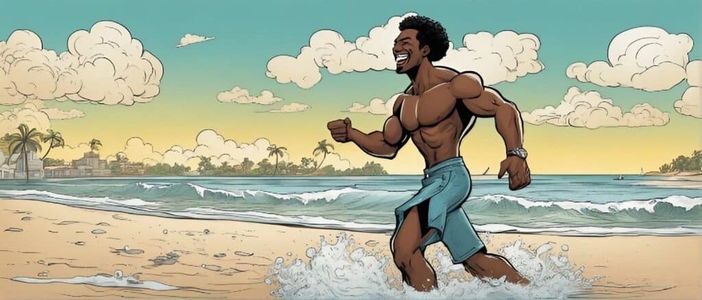 african american man running on a beach having fun