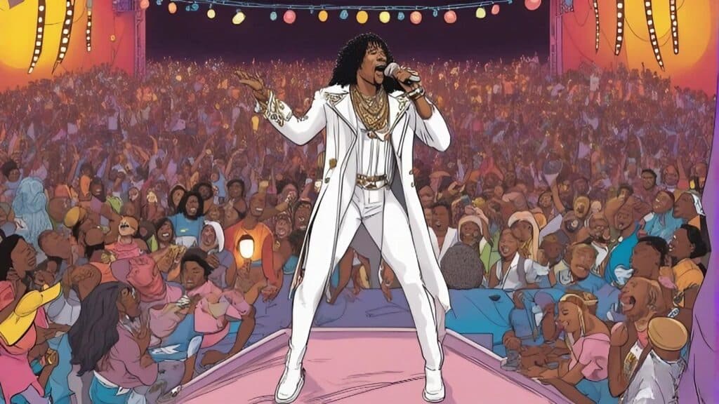 rick james in all white performing for thousands