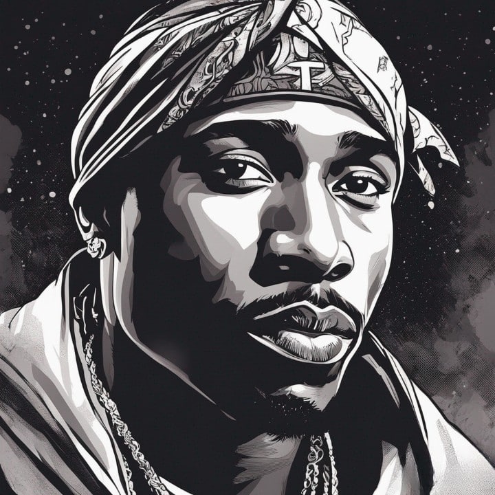 2pac black and white portrait