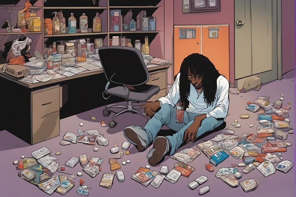 rick james on a floor looking almost dead, pills and drugs all around the floor and the desk