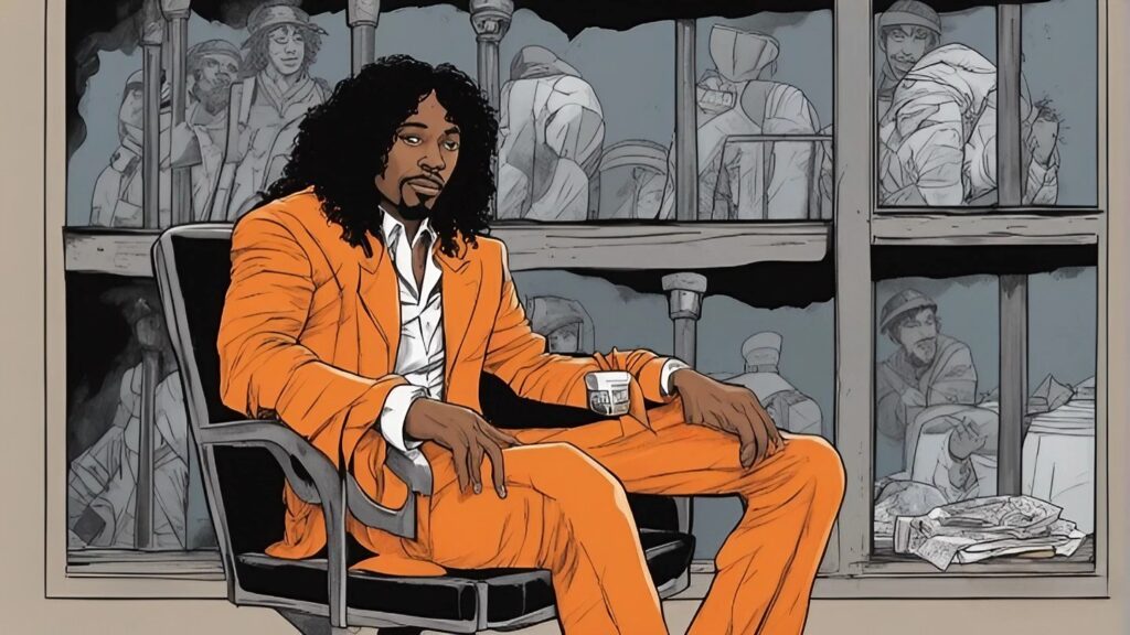 rick james in a jail wearing orange jail costume