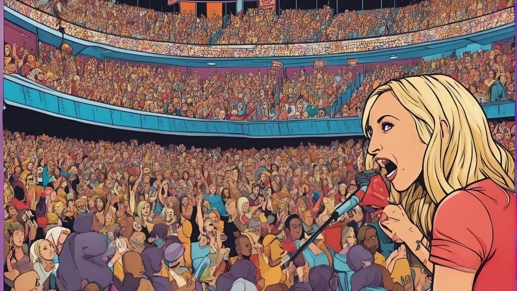 nikki gloser on a stage with huge audience 