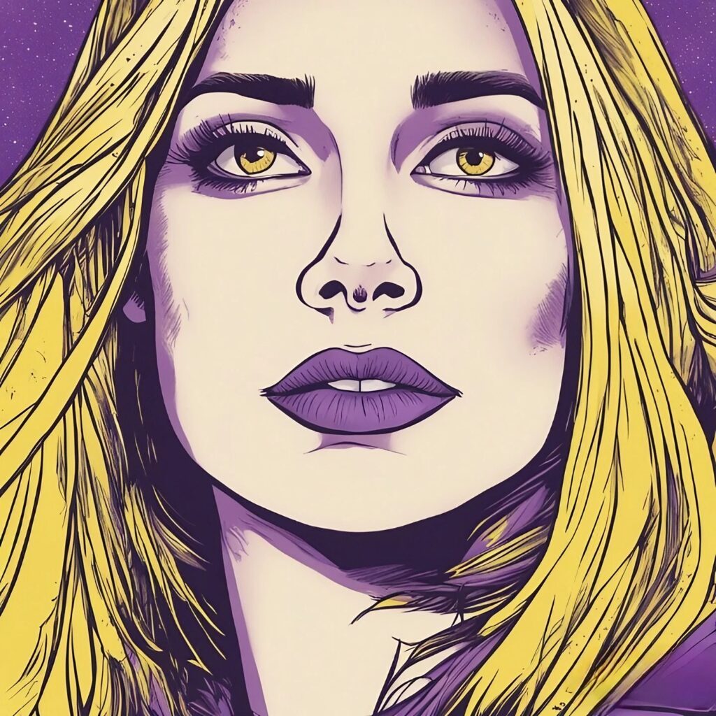 nikki gloser close up portrait in yellow and purple