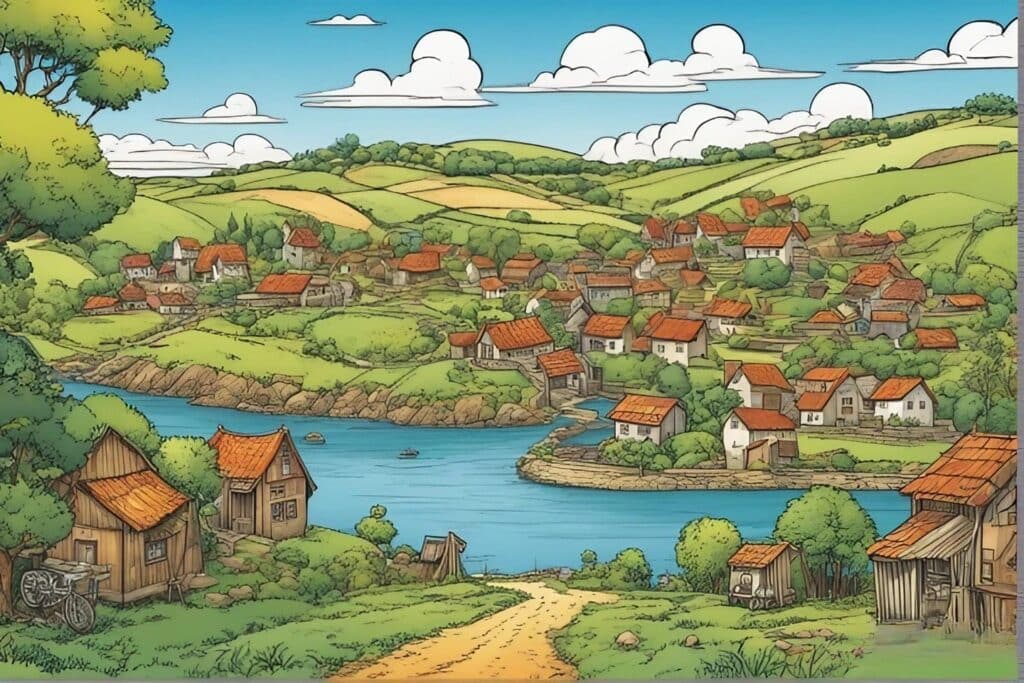 land with a river and villages