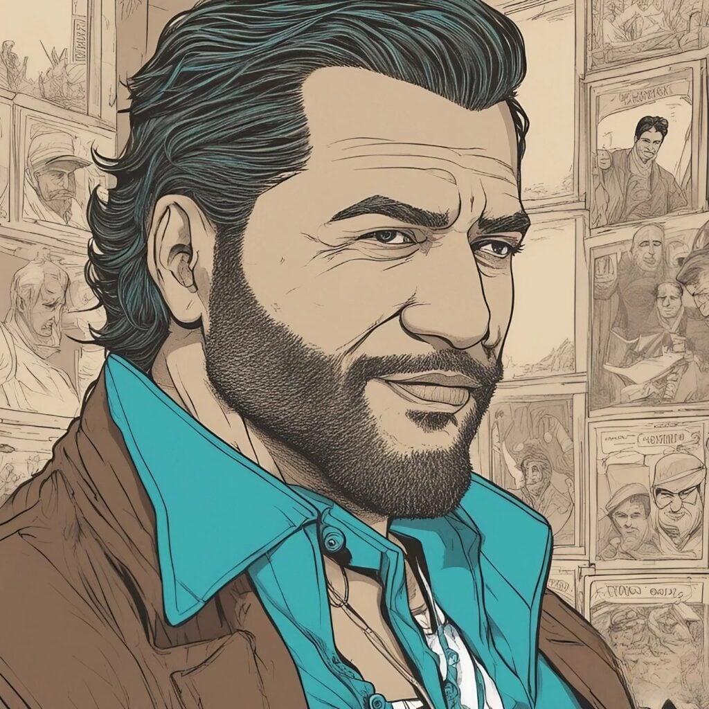 manny khoshbin's portrait in brown and cyan